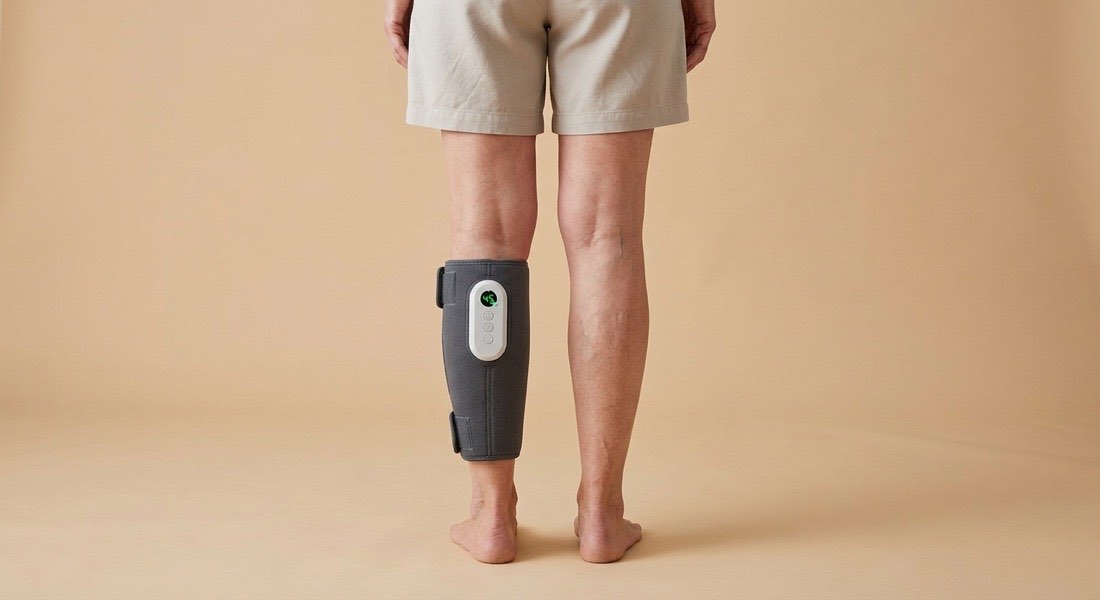Rear view of a woman's calves, one wearing a cordless compression sleeve