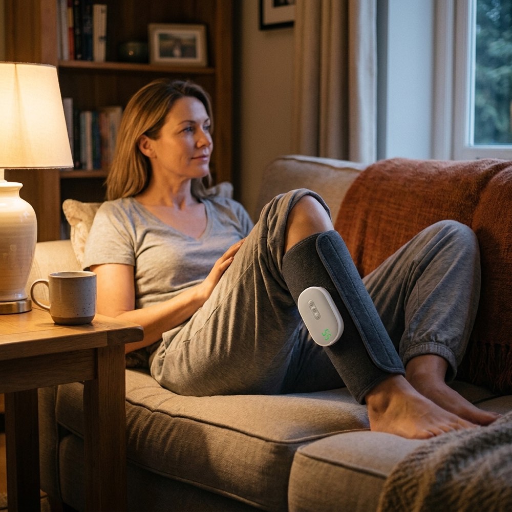 Woman relaxing on a couch with the cordless calf massager sleeve on her lower leg