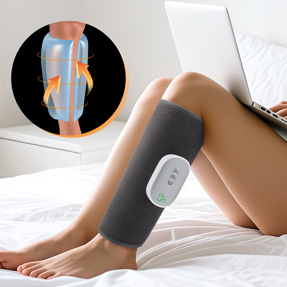 Leg wearing the calf sleeve while working on a laptop in bed, with an inset showing the air bladder compressing the calf